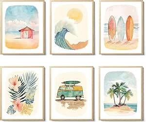 Beach Nursery Poster, Set of 6 Ocean Kids Wall Art Watercolor Summer Surf Wall Decor Beachy Boys Room Decor Funny Teen Coastal Surfboard Canvas Prints Aesthetic Unframed 8x10 inch