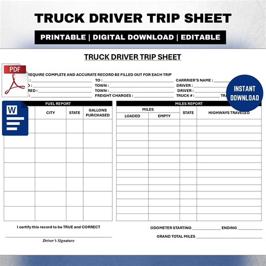 Truck Driver Trip Sheet Template. Driver Daily Log Book. Fuel & Mileage Report Form. Editable Trucking Log PDF - Etsy