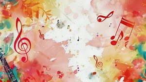 Vibrant abstract background with red musical notes and guitar elements. Key theme emphasizes music and creativity. The multicolored splashes convey a sense of joy and artistic expression.