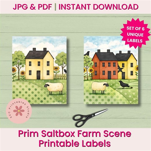 Primitive Saltbox Farm Scene Printable Labels, Prim Sheep Collage Sheets, Greeting Card Fronts, Junk Journal Cards, Gift Tags, Scrapbook - Etsy
