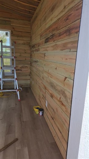Barn tin ceiling next and a couple little special features left for me to do, along with a couple furniture refinishing pieces to do, and then this will be done. My dad showed up and helped get my walls on today ♥️ Im this 🤏 close yall!! I sent him home with a huge thank you, a pie, and the rest of my beef sticks that he loves 🤣