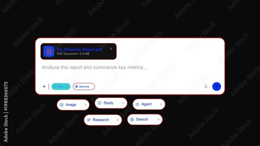 Dynamic search bar animation morphs into an advanced document analysis portal for querying complex financial reports and business data sets.