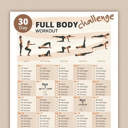 30 Day Full Body Workout Challenge | Strengthen Legs, Arms & Core | Printable Home Fitness Program for Women - Etsy