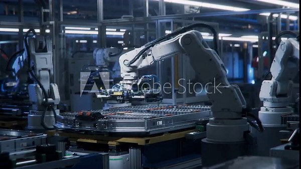 Time-lapse of Automated Production Line with White Robotic Arms. Lithium-Ion EV Battery Pack for Automotive Industry Assembly Process. Electric Car Smart Factory. Manufacturing Line with Robot Arms