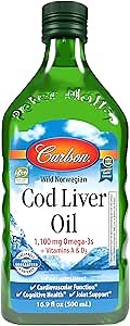 Carlson - Cod Liver Oil, 1100 mg Omega-3s, Wild-Caught Norwegian Arctic Cod-Liver Oil, Sustainably Sourced Nordic Fish Oil Liquid, Unflavored, 500 ml (16.9 Fl Oz)