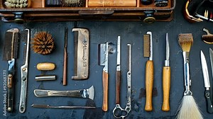 A close-up of barber tools neatly arranged, showcasing the essentials of a barber's kit