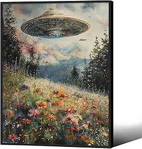 UFO Surrealism Wall Art Trippy Eclectic Spaceship Posters Landscape Wildflower Meadow Canvas Prints 08x10 inch Black Framed for Living Room Bedroom Wall Decor