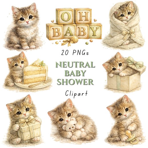 Gender Neutral Baby Shower Clip Art | Soft Watercolor Kitten and Baby Elements | Neutral Baby Shower Decorations PNG - Etsy