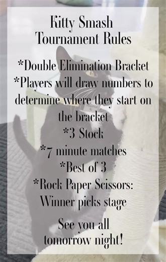 Here are the rules for our Kitty Smash Tournament tomorrow night! 🐈‍⬛️🐈🎮 We are so excited to host this Tournament! 😻 The format will be a Double Elimination Bracket, with 3 stocks, 7 minute matches, best of 3 winner moving on, and rock paper scissors to help determine who will choose the stage to play on. Players will be drawing numbers to determine their starting positions on the bracket ✨️ Players will be choosing from these Tournament legal stages: -Small Battlefield -Battlefield -Final 