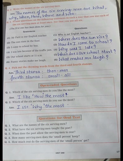 4th standard: English workbook Lesson no : 5: Six Honest serving Men Question and answers