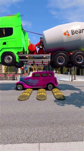 Mega concrete mixer truck vs vintage car vs speed bumps | BeamNG Drive