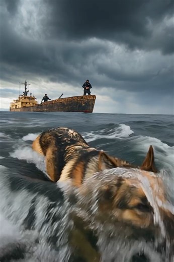 The sailors spotted a German shepherd swimming all alone in the middle of the vast sea; but as they approached, they saw something terrifying 😱😱 The sea was restless: dark clouds loomed over the horizon, the wind whipped up the waves, and an old, rusty ship moved slowly forward, struggling against the current. The sailors standing on deck scanned the surface of the water when suddenly one of them noticed something unusual. — “Look over there!” shouted a sailor, pointing with his hand. — “There