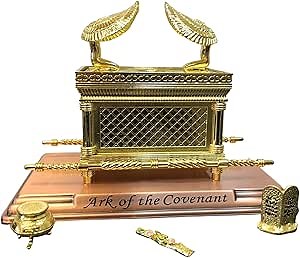 Gold Plated The Ark of The Covenant Figurine Model (11” x 6.5” x 8.5”) with Contents - Aaron's Rod, Manna, Ten Commandments - Detailed Replica Tabletop Decor