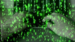 Hacker typing on a laptop with green binary code overlay. Cyber attack and hacking concept