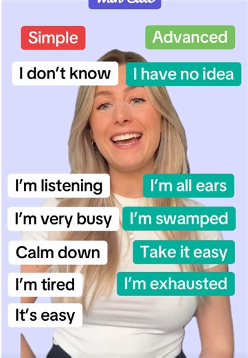 Learn English 🇬🇧 With Ellie 👋🏼 Follow me for daily videos ✅ In this video, I talk about some super useful English phrases that you can use every day, like 'I don't know,' 'I'm listening,' 'I'm busy,' 'Calm down,' and 'It's easy.' I encourage you to practice these phrases to sound more like a native English speaker. Remember, language learning is an ongoing journey, so keep at it! #learnenglish #learnenglishonline #englishteacher #english #englishtutor #learnenglishdaily #fyp #fypシ゚ #fypツ #fy