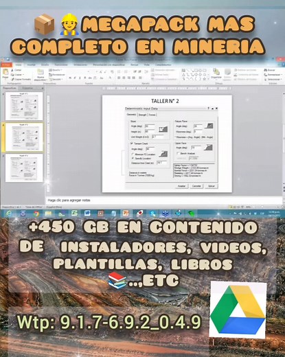 🦺*𝗠𝗘𝗚𝗔 𝗣𝗔𝗖𝗞 MAS COMPLETO EN MINERIA,INCLUYE 42 CURSOS* 🧑‍🚒 *EN SOFTWARE ESPECIALIZADO MINERO* 1.Minesight aplicado a minería subterráneo⚡ 2.Curso completo de Datamine⚡ 3.Curso de Datamine NPV Scheduler⚡ 4.Curso de Datamine OP - Diseño en minería cielo abierto⚡ 5.Curso completo de Vulcan 8.5⚡ 6.Curso completo de Leapfrog Geo⚡ 7.Curso de Leapfrog DME UCE Instalador⚡ 8.Curso completo de Deswik⚡ 9.Curso de Deswik CAD Instalador⚡ 10.Programa para mina Topodroi⚡ *EN GEOMECÁNICA Y ESTABILIDA