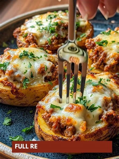 🥔🧀 Stuffed Potatoes with Ground Meat and Melted Cheese Hearty, cheesy goodness — the ultimate comfort food dinner! 📝 Ingredients : 4 large russet potatoes (perfect for a loaded baked potato dinner) 1 lb ground beef 1 small onion, finely chopped 2 cloves garlic, minced 1 tbsp olive oil 1 tsp paprika ½ tsp Italian seasoning Salt and black pepper, to taste ½ cup tomato sauce (adds that rich savory meat filling) 1 ½ cups shredded mozzarella cheese (for that melty cheese topping) 2 tbsp fresh pars
