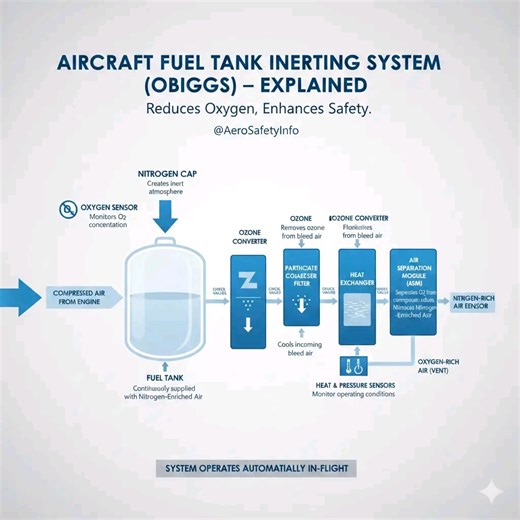 aerospace engineer on Instagram: "🫡🫡Aircraft Fuel Tank Inerting System (OBIGGS) – Explained This diagram illustrates an Onboard Inert Gas Generation System (OBIGGS), a safety system designed to reduce oxygen levels inside the aircraft fuel tank. Fuel Tank The fuel tank is continuously supplied with nitrogen-enriched air to minimize oxygen concentration above the fuel surface. Air Separation Module (ASM) The ASM uses a special membrane to separate oxygen from compressed air. Oxygen-rich air is 