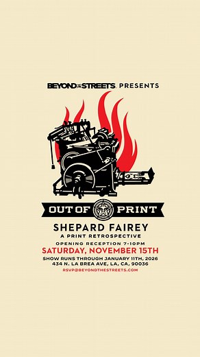BEYOND THE STREETS presents SHEPARD FAIREY: OUT OF PRINT 🔥 A landmark exhibition celebrating Shepard Fairey’s lifelong dialogue with printmaking. Featuring 400 screen prints alongside new hybrid works, the show traces his evolution from guerrilla posters to global icons. “Printing is the cornerstone of my art practice and philosophy. Some people say digital media has ended print, but the tactile experience of a print, on a wall or in the wild can’t be replaced.” — Shepard Fairey 🔥Opening Recep