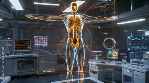 Holographic human body scan displaying skeletal and nervous systems in a futuristic medical research laboratory with data screens.