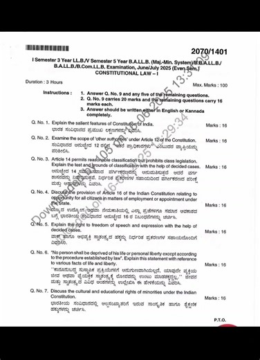 2025 cosntitution 1 kslu question paper - Credence law 7019560214 #Lawclasses