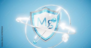 magnesium symbol - mg located on a shield with rotating atoms and electrons in orbits, mineral protection concept