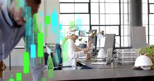 Tech specialist tapping headset and manipulating candlestick stock charts for finance