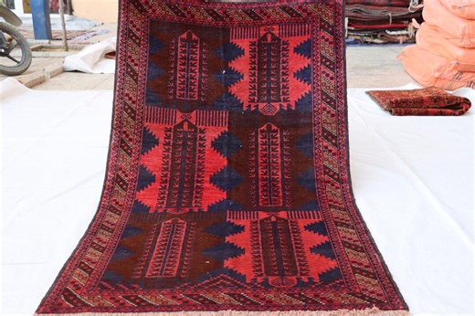 4x7 Ft Afghan Vintage Rug, Hand-knotted Wool Rug, Vintage Balochi Rug, Brown Orange Red Rug, Dining Table Rug, Kitchen Rug, Bedroom Rug, - Etsy