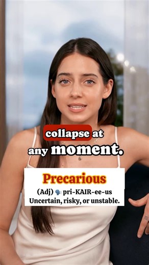 Celebs Teach English on Instagram: "🎬 Grace explains: Precarious “When something is uncertain, unstable, or risky — like standing on the edge of a cliff or living without financial security — that situation is precarious.” #Precarious #GraceExplains #CelebsTeachEnglish #SpokenEnglish #LearnEnglish #EnglishWithCelebs #VocabularyBoost #FluentEnglish #WordOfTheDay #EnglishLearning #AI"