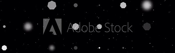 Template animation of evenly spaced heptagon symbols of different sizes and opacity. Animation of transparency and size. Seamless looped 4k animation on black background with stars