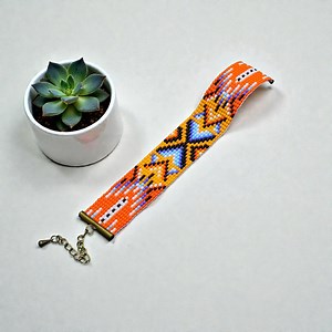 Native Inspired Beaded Loom Bracelet, Wide Seed Bead Cuff, Colorful Geometric Jewelry, Statement Beadwork - Etsy