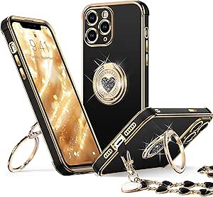 XYZ for iPhone 11 Pro Max Case, for iPhone 11 Pro Max Case with Stand, Phone Case with Double Ring Kickstand, Women Girls Bling Luxury Protective Case Heart for iPhone 11 Pro Max, Black