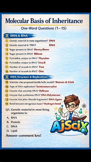 AjSciX on Instagram: "🧬 Molecular Basis of Inheritance – Class 12 | NEET ❓ Question of the Day Genetic material in most living organisms is ___ ? 👇 Answer COMMENT me likho (options dekh kar bhi easy mat samajhna 😏) 📌 NCERT based 📌 Boards + NEET repeated 📌 One-word + MCQ concepts 💡 Jo students comment karte hain, unka concept strong hota hai! 👉 Save karo | Share karo | Comment zaroor karo #Class12Biology #NEET2026 #NCERTBiology #MolecularBasisOfInheritance #Genetics Es type ke questions o