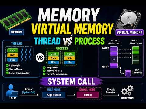 Memory,virtual memory,thread vs process,system call
