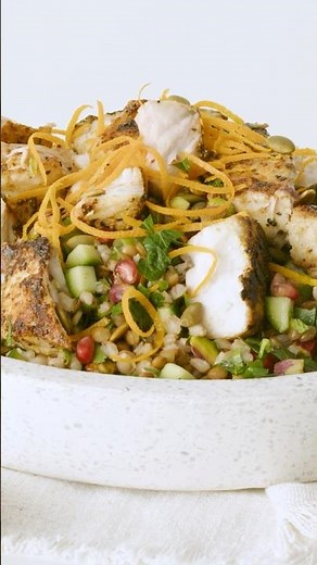 Crispy barramundi and Mediterranean grain salad