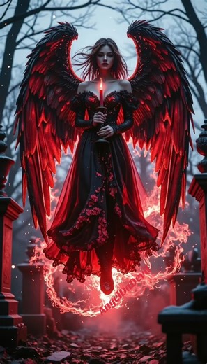 She hovers above the cemetery, wings still, fire breathing around her. A gothic angel where flame and silence meet. 🖤🔥🪽 #gothicstyle #darkfantasy #gothic #gothicfantasy #gothicstyle