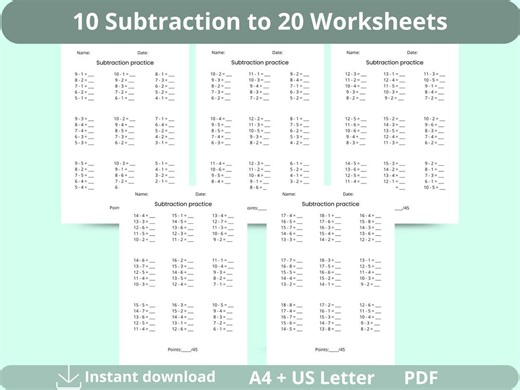 Subtraction Math Worksheets – 1st Grade Subtraction Drills Within 20 Printable PDF - Etsy UK