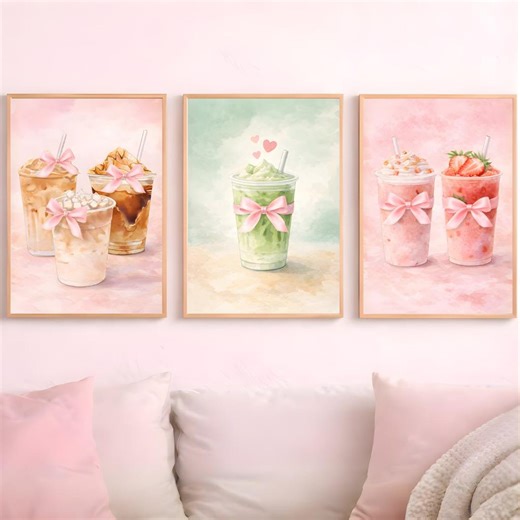 Cute Coffee Poster Set of 3 Printable, Pink Cafe Wall Art, Iced Coffee Prints - Etsy