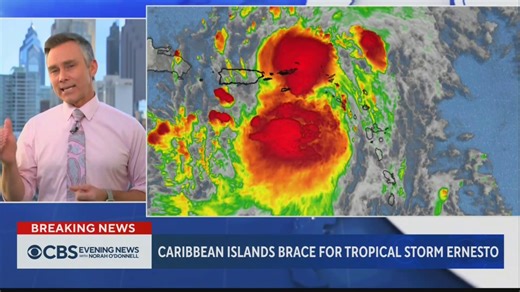 Tropical Storm Ernesto gained strength on Tuesday as it headed toward the Virgin Islands and Puerto Rico, where forecasters said it could bring powerful winds and heavy rain. Chief Meteorologist Bill Kelly with CBS Philadelphia is tracking the storm. https://cbsn.ws/4fGTGZk | CBS Evening News