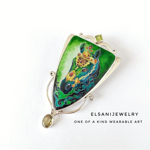 Art Deco Horse Pendant – Silver Cloisonne Enamel, Citrine & Peridot - Etsy
