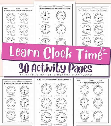 Telling Time Worksheets for Kids – Printable Clock Practice & Time Reading Activity Pages PDF - Etsy