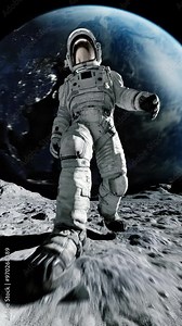 Astronaut in Spacesuit on Planet in Space on Earth Background. Spaceman Exploring Surface Moon in Expedition. 3d Animation Walking Man Cosmos Loop Footage. Unrecognizable Cosmonaut Futuristic Journey