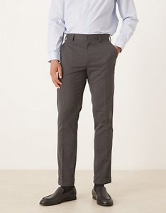 ASOS DESIGN smart flannel slim trousers in charcoal with turnup | ASOS