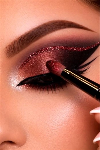 Deep red eye makeup😍 glitter winged eyeliner ✨#beautyshorts #makeupshorts #beautyshorts #eyemakeup