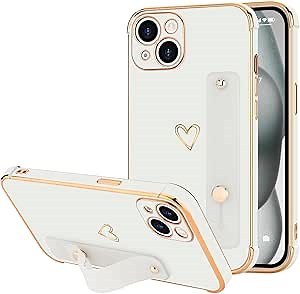 for iPhone 15 Plus Case for Women Girls, Bling Luxury Plated Bumper with Cute Love-Heart Design, Adjustable Hand Strap Stand, Raised Edges Shockproof Protection for iPhone 15 Plus - White