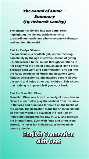 The Sound of Music Class 9 Summary | Evelyn Glennie & Bismillah Khan | NCERT Beehive #shortfeed