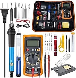 60W Soldering Iron Kit 110V Adjustable Temperature Welding Tools Soldering Iron Multimeter Tool Set with Soldering Iron Tip Soldering Iron Stand Desoldering Pump Wire Stripping Pliers(US Plug）