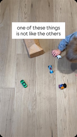 Katherine | Play Ideas | Kid Crafts | Motherhood on Instagram: "There are SO many ways to play ⤵ We started basic — I hid 3 toy cars and 1 tiny person in a bag and had my son figure out which one wasn’t like the others. He dumped it out, analyzed it, and nailed it. Then we moved to texture matching! I put 3 squishy balls in with 1 hard one and he had to feel each object and decide which was different. You can try this with hard vs soft, rough vs smooth, shiny vs dull — literally anything you alr