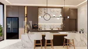 Animation Minimal kitchen with beige color and island table, 3d illustration render