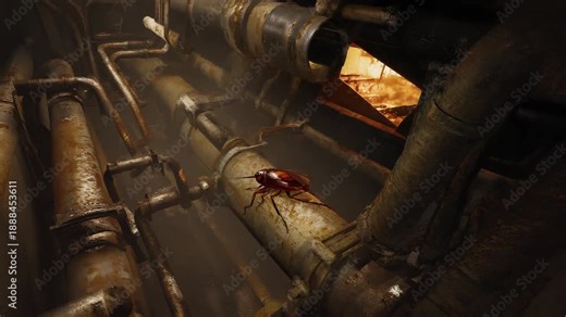 A cockroach navigates greasy pipes behind a stove. Dust clouds move as shadows change with distant movements. Warm light glows from the oven vent, creating a dynamic kitchen environment